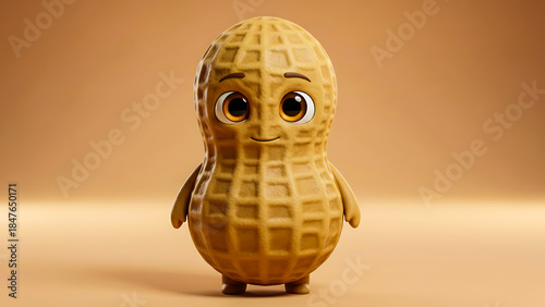 cute peanut character standing with face on one color background