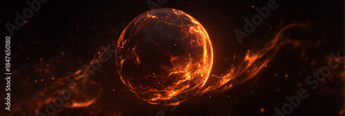 Fiery glowing sphere made of flames and sparks against a dark background, symbolizing energy, destruction, and explosive cosmic power.