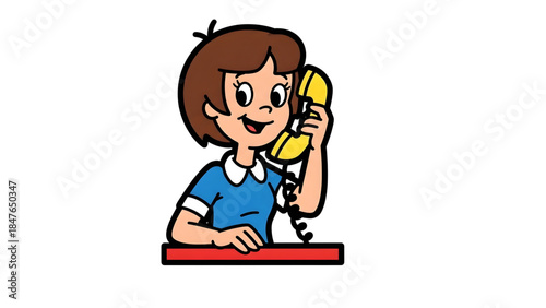 Illustration of a cartoon woman with short brown hair, wearing a blue collared shirt, holding a yellow telephone receiver to her ear