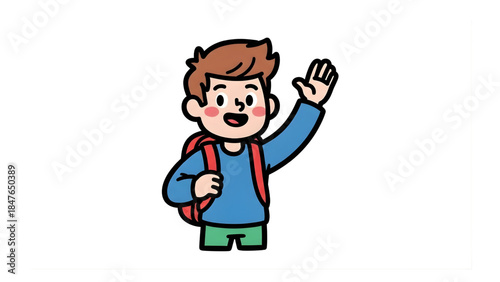 Friendly cartoon boy with backpack waving hello, ready for school or adventure