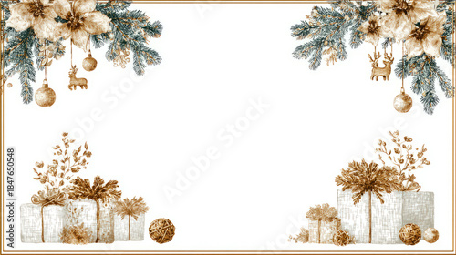 Elegant Christmas Frame with Gifts and Ornaments