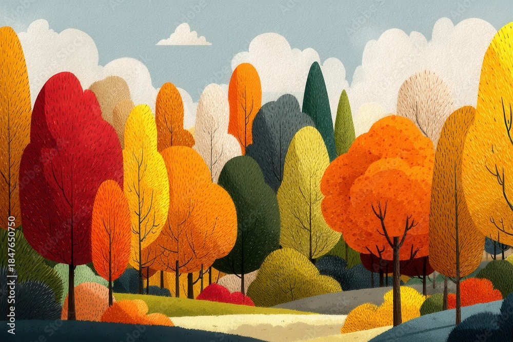 Fototapeta premium Vibrant autumn forest landscape with colorful cartoon trees and gentle hills