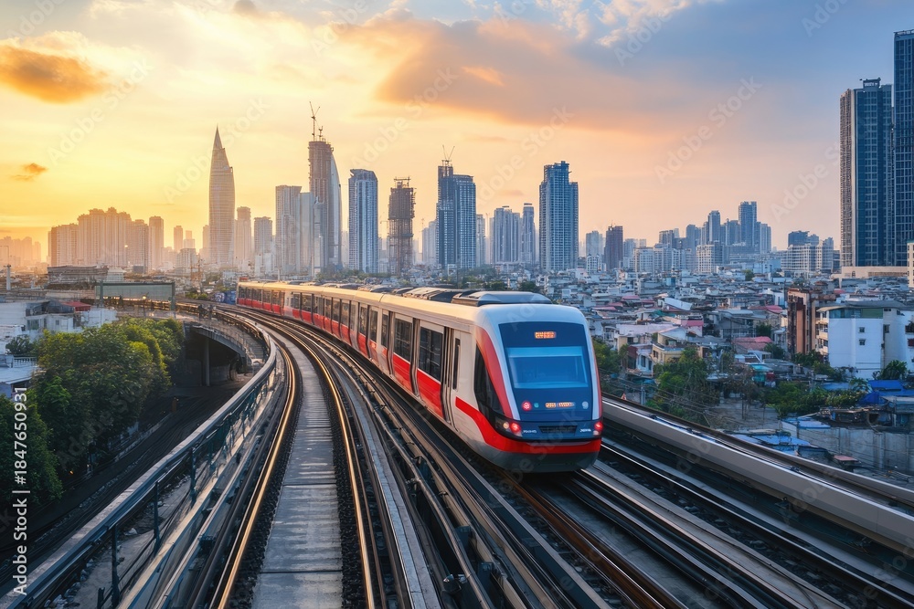 Fototapeta premium A sleek, modern train speeds along a curved track through a bustling cityscape at sunset, with towering skyscrapers and a vibrant skyline in the background.