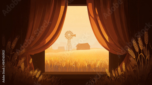 Warm morning light floods through open rustic window, revealing a golden wheat field with distant farmhouse and windmill in view.
