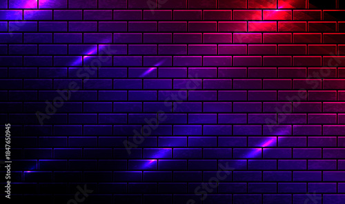 Modern futuristic neon lights on old grunge brick wall room background