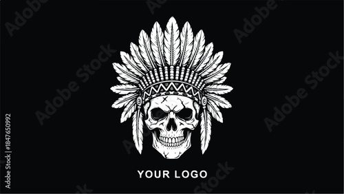 Skull wearing Native American chief headdress with feathers.