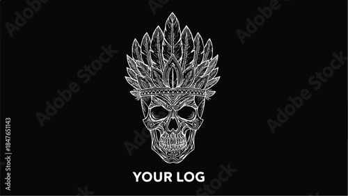 Skull with elaborate feather headdress in monochrome style.