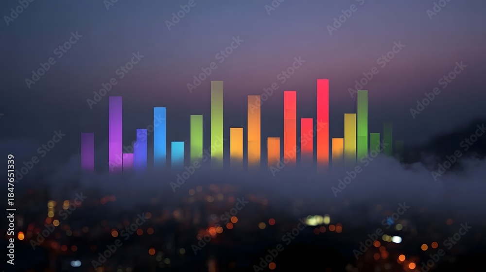 Fototapeta premium Abstract colorful bar graph overlay on a foggy twilight city skyline