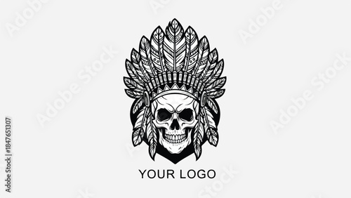 Skull with Native American Headdress Logo Design 1.