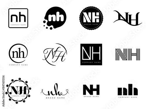 NH logo company template. Letter n and h logotype. Set different classic serif lettering and modern bold text with design elements. Initial font typography.