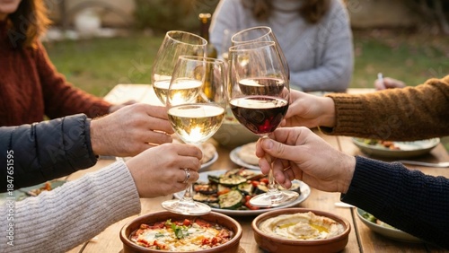 Group of friends toasting with wine glasses during outdoor gathering, surrounded by delicious food on wooden table, creating a warm and inviting atmosphere for celebration and connection