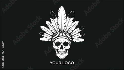 Skull with Native American Headdress Vector Illustration 1.