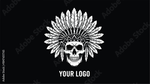Skull with Native American Headdress Vector Illustration.