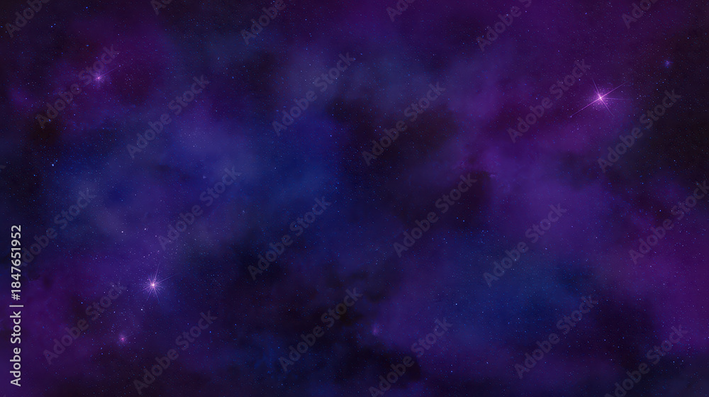 Obraz premium Deep space background with purple and blue nebula clouds and scattered bright stars creating mysterious cosmic atmosphere