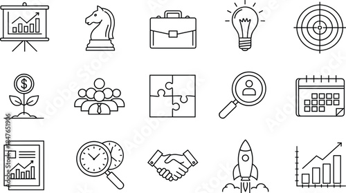 Financial Growth, Teamwork, Target Goal, Idea Development, and Startup Process Symbols.