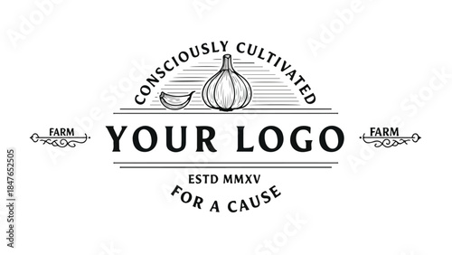 Vintage Farm Logo with Garlic and Banana Illustration.