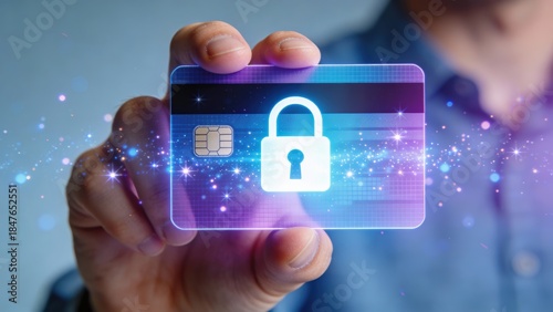 Hand holding a credit card with a lock symbol representing security.