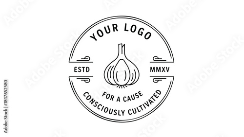 Vintage Garlic Logo Design with Consciously Cultivated Text.