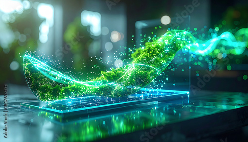 Tech-Nature Convergence: An advanced laptop seamlessly blends technology with nature, featuring an energetic green stream flowing from the screen.