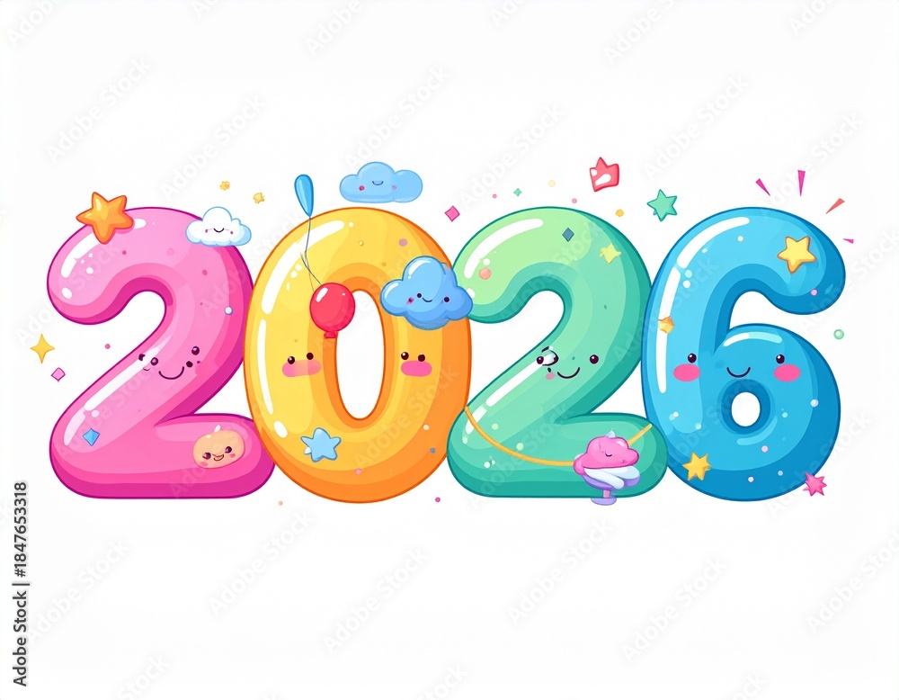 Fototapeta premium The numbers “2 0 2 6” designed in a bright, playful kids theme with rounded, bubbly shapes and cheerful pastel colors. Each number looks soft and friendly, decorated with fun elements.