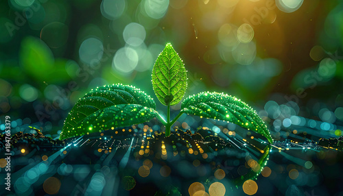 Digital Flora: A vibrant depiction of a seedling merging with the technology, symbolizing growth, innovation, and the intersection of nature and digital world. 