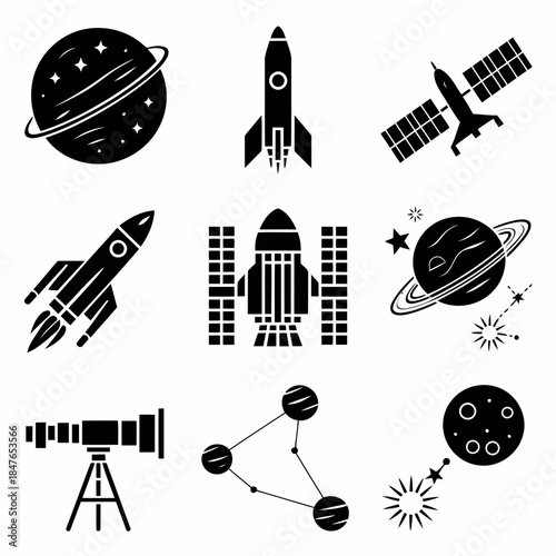 Space exploration icons including planets, rockets, satellites, telescopes, and constellations