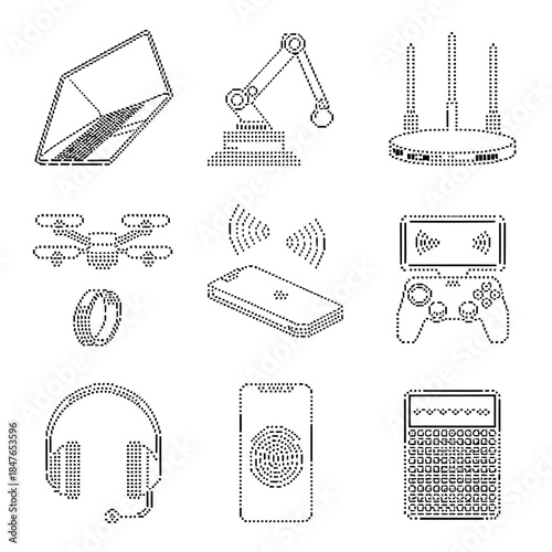 Collection of various electronic devices and gadgets including a laptop, robot arm, drone, smartwatch, smartphone, game controller, headphones, credit card, and keyboard