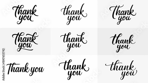 Elegant thank you message in various cursive and calligraphy fonts, isolated on