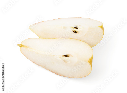 Photos Sliced pear isolated. Half of pear on white. Top view.