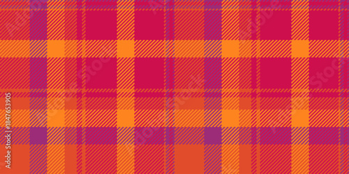 Madras fabric textile background, diagonal plaid pattern seamless. Art check tartan texture vector in red and vivid tangerine colors.