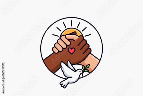 An illustration of clasped hands and a dove, symbolizing unity and peace in a vibrant and warm design.