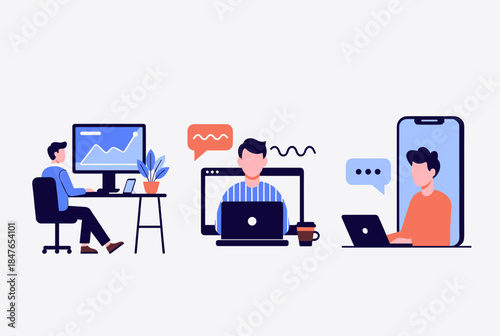 An engaging illustration showcasing individuals using laptops and screens for digital communication, emphasizing teamwork.