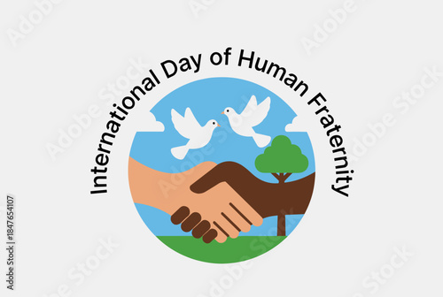 An emblem representing the International Day of Human Fraternity, featuring diverse hands shaking and doves, symbolizing unity.