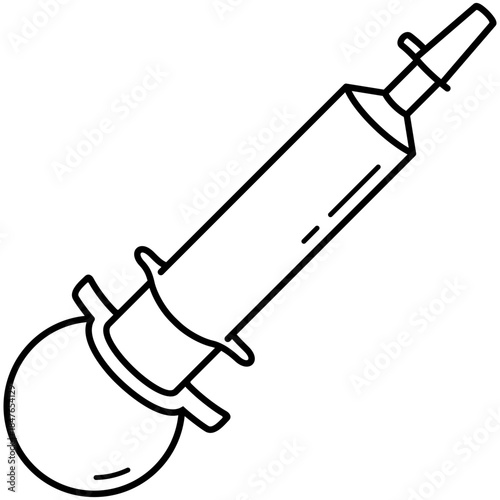 Asepto Syringes. Large-capacity irrigation syringe with a tapered tip and a rubber bulb, used for flushing wounds, body cavities, and surgical sites. Medical sterile device. Vector outline icon.