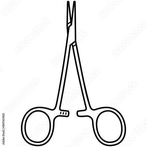 Mosquito hemostatic forceps. Small, delicate surgical artery clamp used for occluding small blood vessels and fine tissue manipulation. Medical sterile surgical instrument. Vector outline icon.