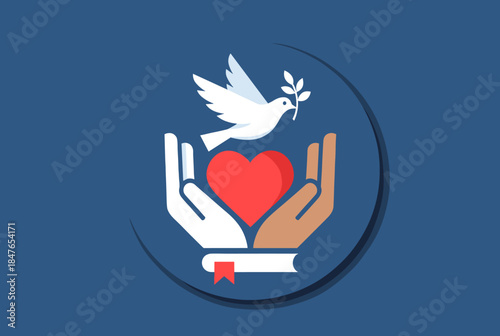 An emblematic logo featuring hands, a heart, and a dove, representing compassion and love among diverse communities.