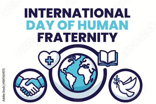 A logo highlighting the International Day of Human Fraternity, promoting global unity and compassion through meaningful symbols.
