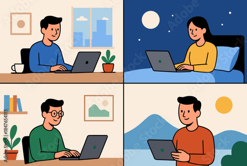 An engaging illustration portraying individuals working during different times of the day, showcasing the versatility of home lifestyles.