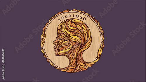 Wooden relief of a human head in profile with a leaf motif on a dark background.