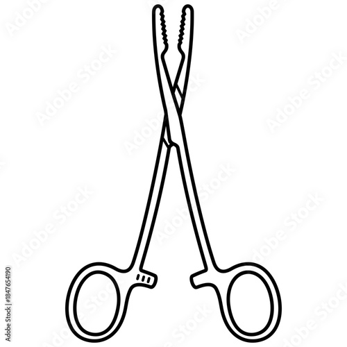 Pean Hemostatic Forceps. Surgical artery clamp with serrated jaws for occluding blood vessels and controlling bleeding. Medical sterile surgical instrument. Vector outline icon.