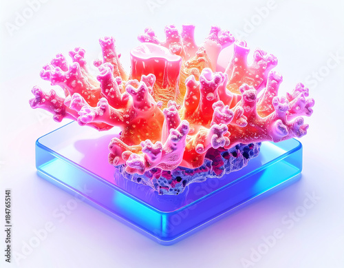 Vibrant neon coral sculpture on a translucent glowing blue platform, glossy textured polyps in pink, orange, and purple hues, futuristic surreal marine art symbolizing reef beauty and digital design.