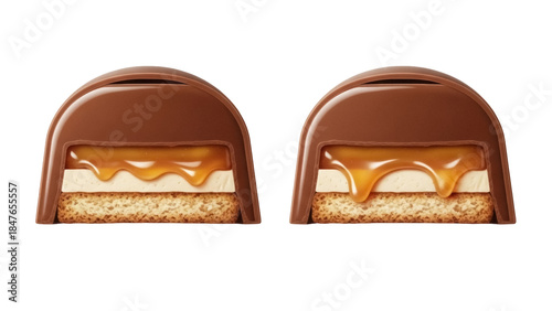 Chocolate caramel candy bar cut in half isolated PNG, delicious sweet treat with layers of chocolate, caramel, nougat, and cookie on transparent background