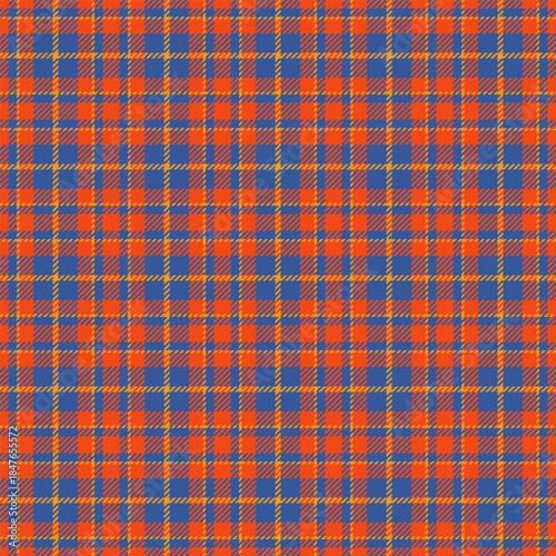 Vibrant tartan pattern with a modern twist. Seamless textile design in orange, blue, and yellow. Ideal for backgrounds, apparel, or graphic projects.