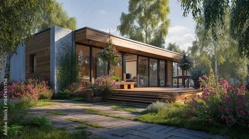 Fototapeta premium Modern Minimalist Cabin in Lush Forest with Blooming Flowers