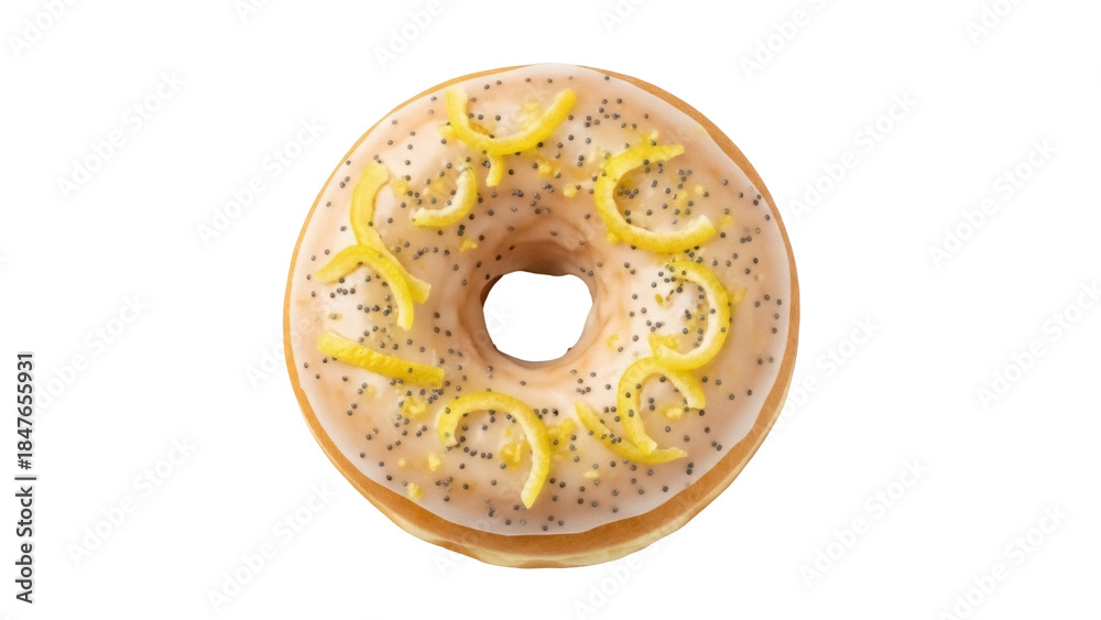 Obraz premium Delicious lemon poppy seed donut isolated PNG, glazed doughnut with citrus zest topping on transparent background