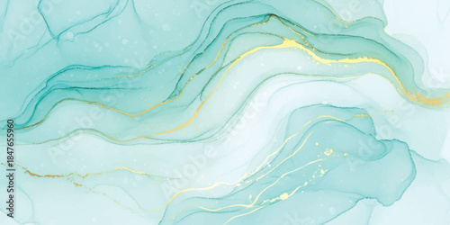 Abstract aqua gold marble liquid flow texture elegant background isolated on white background