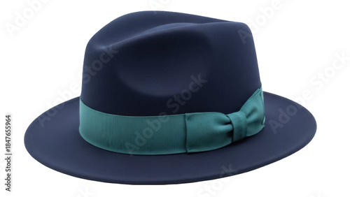 Photos Elegant navy blue fedora hat with green ribbon isolated PNG, classic men s fashi