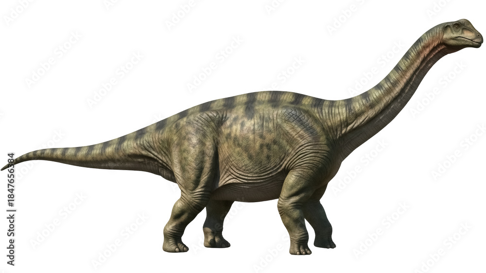 Fototapeta premium Brontosaurus dinosaur isolated PNG on transparent background, long-necked herbivore with mottled green and brown skin, prehistoric creature