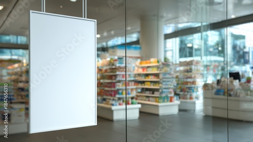 Blank white sign hanging in front of a blurred pharmacy interior