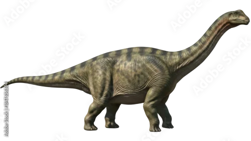 Obraz Brontosaurus dinosaur isolated PNG on transparent background, long-necked herbivore with mottled green and brown skin, prehistoric creature